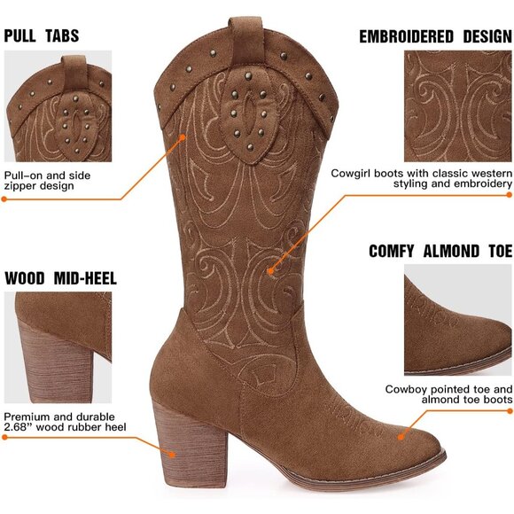 ⚡Women's Dark Brown Wide Calf Western Pointed Toe Chunky Heel Suede Embroidered - Picture 4 of 6